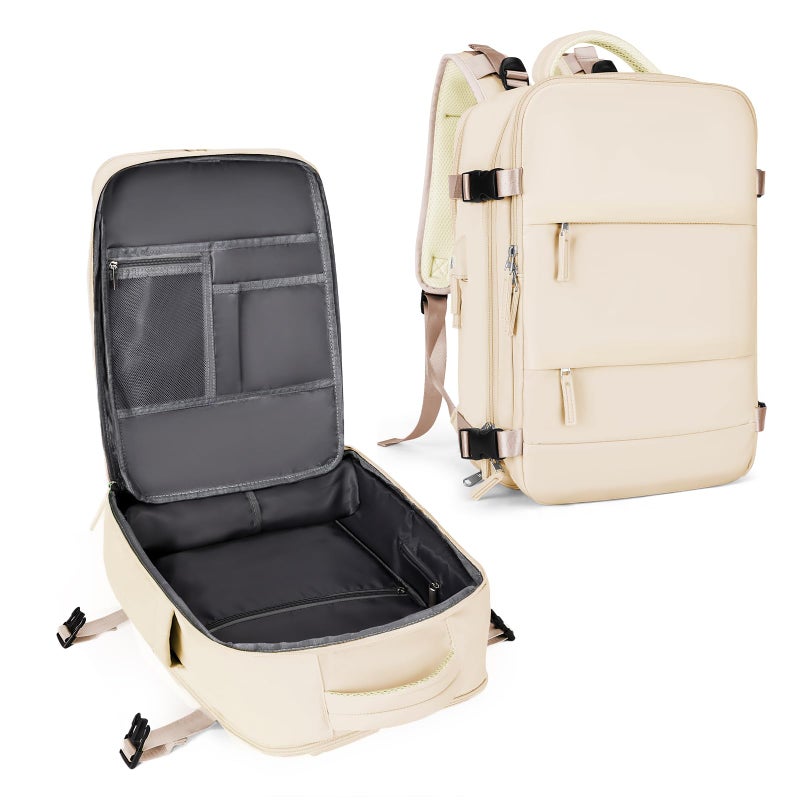 coowoz Large Casual Travel Backpack For Women Men,Carry On Rucksack Flight Approved,Hiking Waterproof Outdoor Sports Daypack Fit 15.6 Inch Laptop Shoes Compartment (Beige) - Image 1