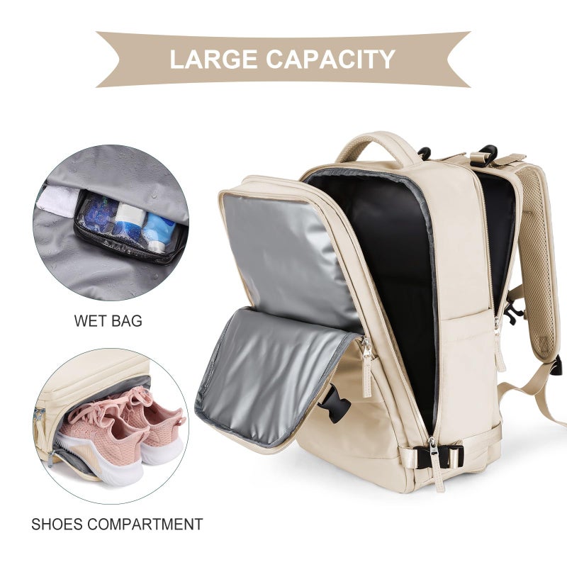 coowoz Large Casual Travel Backpack For Women Men,Carry On Rucksack Flight Approved,Hiking Waterproof Outdoor Sports Daypack Fit 15.6 Inch Laptop Shoes Compartment (Beige) - Image 4