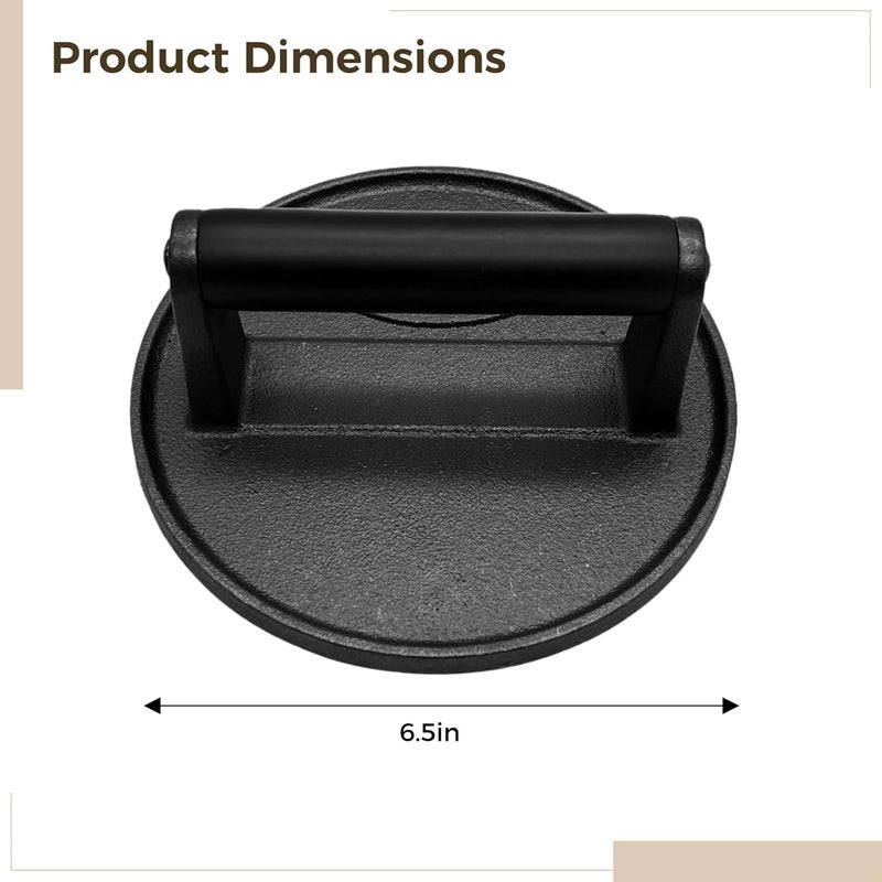 Heavy-Duty Cast Iron Burger Press, 16.5Cm Flat Bottom Meat Smasher with Wooden Handle for BBQ - Image 4
