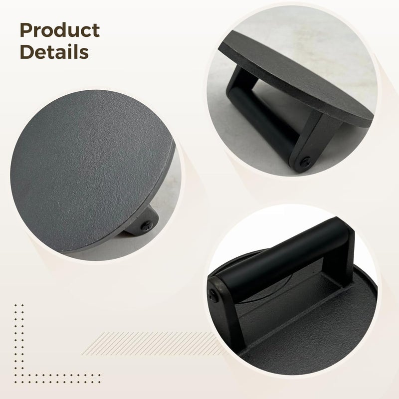 Heavy-Duty Cast Iron Burger Press, 16.5Cm Flat Bottom Meat Smasher with Wooden Handle for BBQ - Image 2