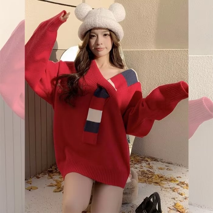 Special Couple Dress Red Sweater New Years Day Life Year Loose Lazy Style Elegant Mens and Womens 2025 New Autumn and Winter Red