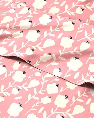 CGK Unlimited Floral Sheets Pink White Bed Sheet Set 1 Flat 1 Fitted 2 Pillowcases w Deep Pockets Comfy Cozy Wrinkle Fade Free Boho Botanical Bedding Soft Breathable Cooling Queen Size Set - Image 1