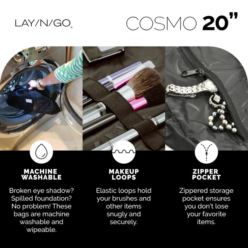 Lay-n-Go حقيبة تنظيم مستحضرات التجميل والمكياج Lay-n-Go Cosmo القابلة للطي - جيب بسحاب، حلقات فرشاة والمزيد - حاملة مستحضرات شخصية متينة وقابلة للغسل في الغسالة للسفر، إغلاق مشدود، هدية (20 بوصة، أخضر داكن) - Image 4