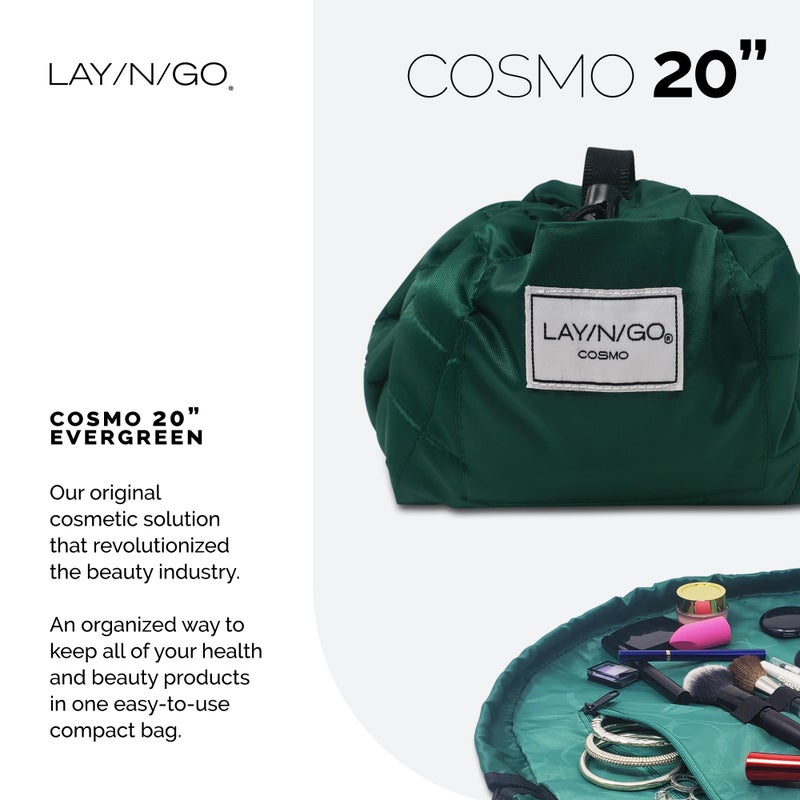 Lay-n-Go حقيبة تنظيم مستحضرات التجميل والمكياج Lay-n-Go Cosmo القابلة للطي - جيب بسحاب، حلقات فرشاة والمزيد - حاملة مستحضرات شخصية متينة وقابلة للغسل في الغسالة للسفر، إغلاق مشدود، هدية (20 بوصة، أخضر داكن) - Image 2