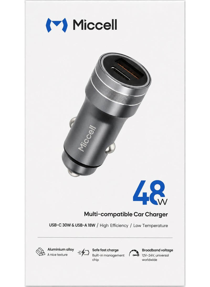 ميكسل شاحن سيارة سريع Miccell VQ-C48 48W بمنفذين USB-C PD و USB-A، مصنوع من سبائك الألومنيوم - Image 2
