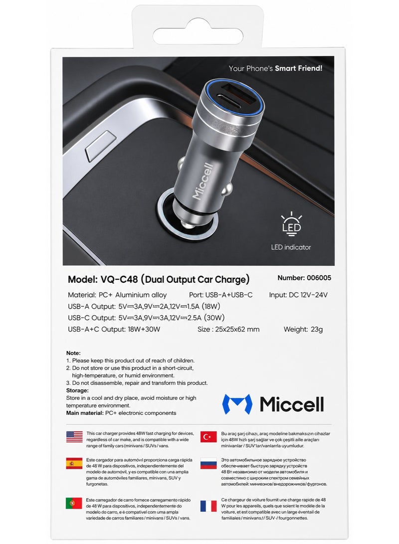 ميكسل شاحن سيارة سريع Miccell VQ-C48 48W بمنفذين USB-C PD و USB-A، مصنوع من سبائك الألومنيوم - Image 3