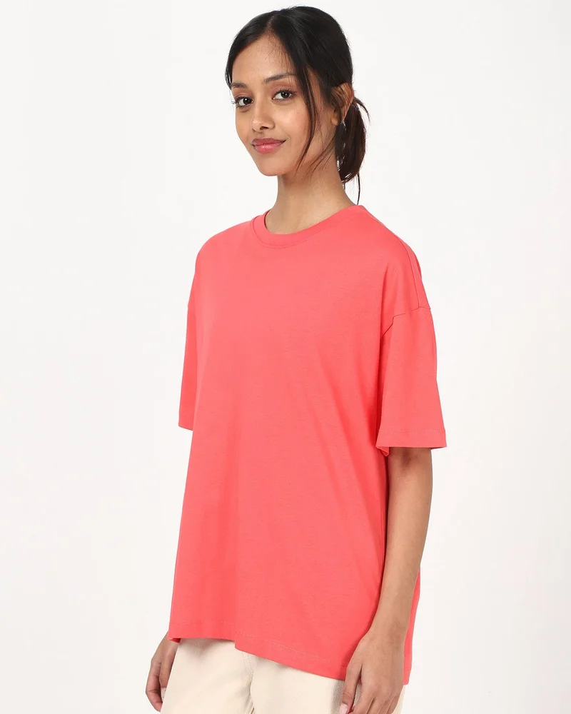 bewakoof Women's Coral Pink Oversized T-shirt