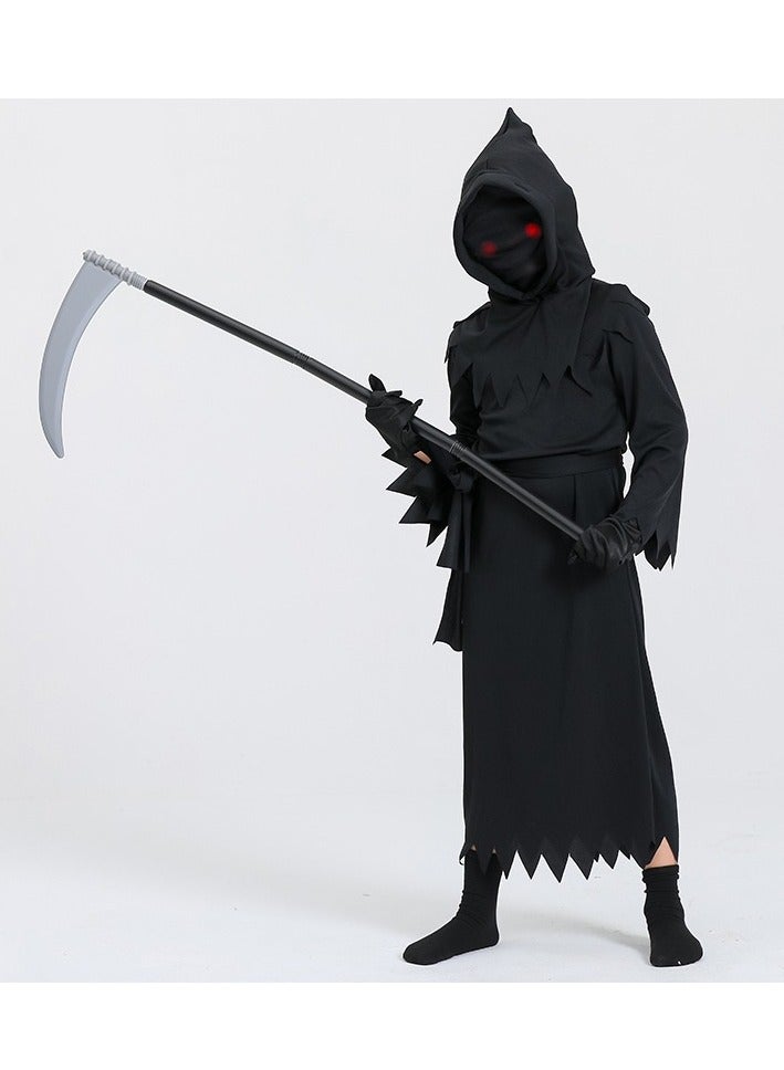 xppier Boys Girls Black Cosplay Costume Set with Scythe for Halloween Party Dress Up, Scary Black Halloween Outfit with Gloves for 6-8 Years Unisex Children - Image 1