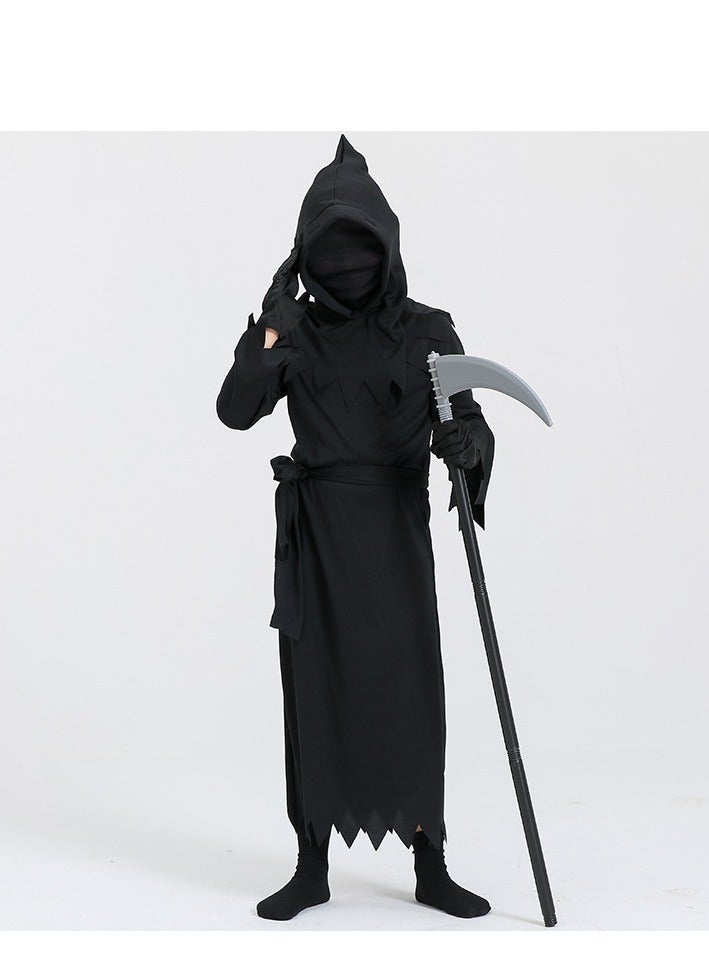 xppier Boys Girls Black Cosplay Costume Set with Scythe for Halloween Party Dress Up, Scary Black Halloween Outfit with Gloves for 6-8 Years Unisex Children - Image 2