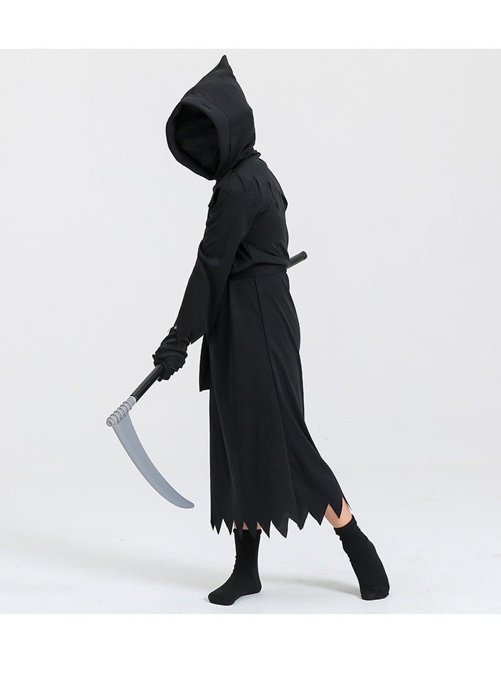 xppier Boys Girls Black Cosplay Costume Set with Scythe for Halloween Party Dress Up, Scary Black Halloween Outfit with Gloves for 6-8 Years Unisex Children - Image 3
