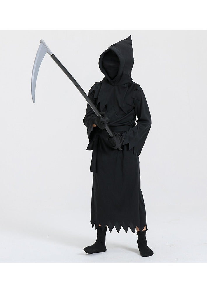 xppier Boys Girls Black Cosplay Costume Set with Scythe for Halloween Party Dress Up, Scary Black Halloween Outfit with Gloves for 6-8 Years Unisex Children - Image 4