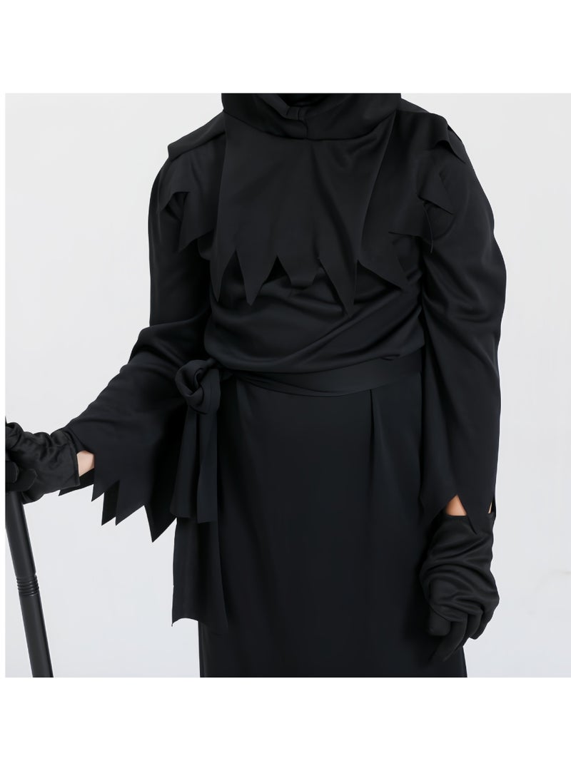 xppier Boys Girls Black Cosplay Costume Set with Scythe for Halloween Party Dress Up, Scary Black Halloween Outfit with Gloves for 6-8 Years Unisex Children - Image 5