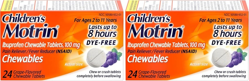 Motrin Childrens DyeFree Ibuprofen Chewable Tablets for Pain  Fever Grape 24 Count Pack of 2 - Image 1