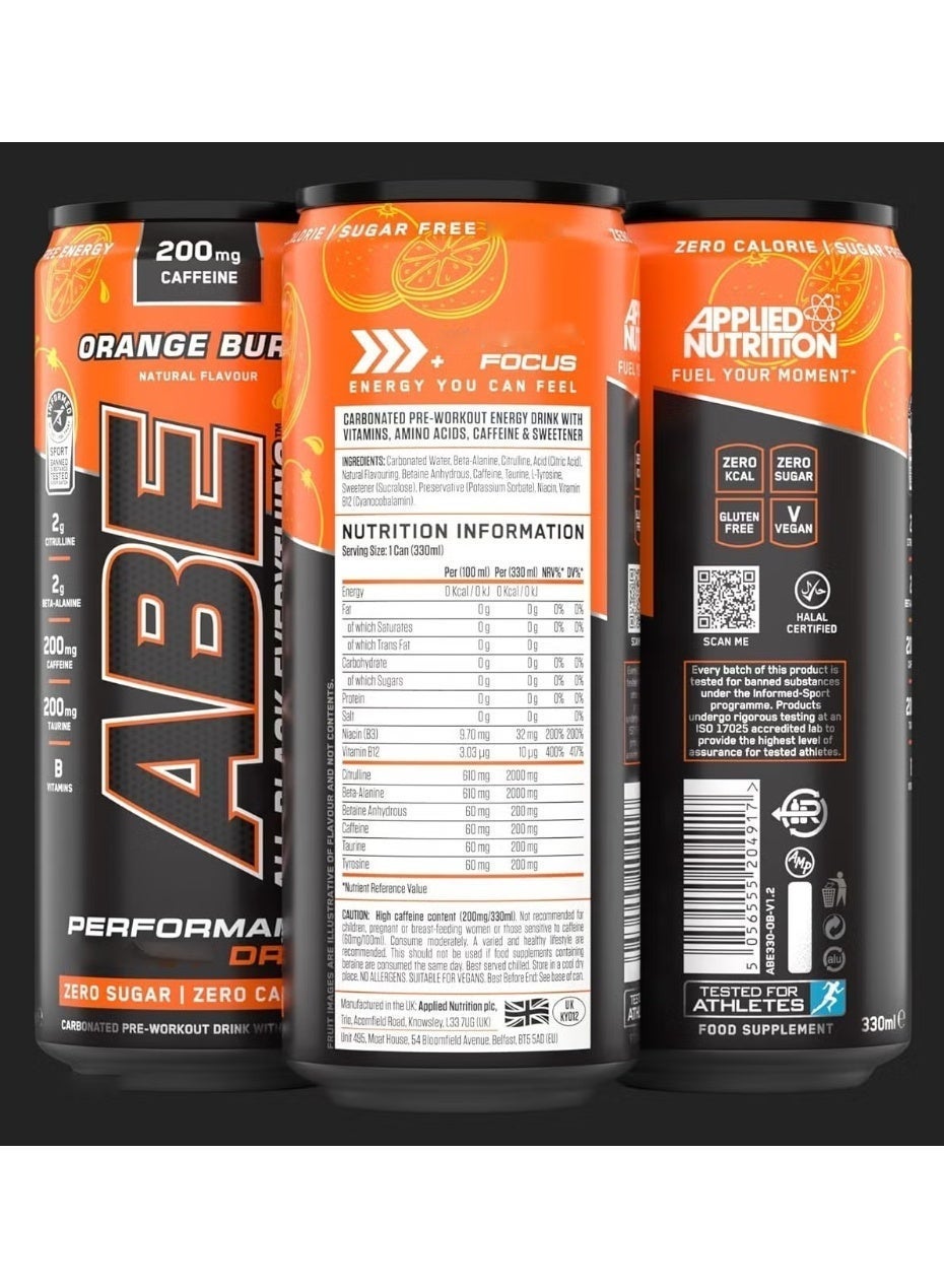 Applied Nutrition ABE Energy Plus Pre Workout With Orange Burst Drink Food Supplement 330ml Pack 12Pcs