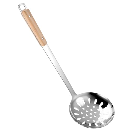 Oicia 304 Stainless Steel Skimmer, Slotted Spoon Colander with Wood Handle, Food Strainer, Strainer Ladle for Cooking and Frying, Pasta Strainer Spoon, Kitchen Skimmer for Soup, Draining (Pack of 1) - Image 1