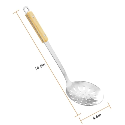 Oicia 304 Stainless Steel Skimmer, Slotted Spoon Colander with Wood Handle, Food Strainer, Strainer Ladle for Cooking and Frying, Pasta Strainer Spoon, Kitchen Skimmer for Soup, Draining (Pack of 1) - Image 2