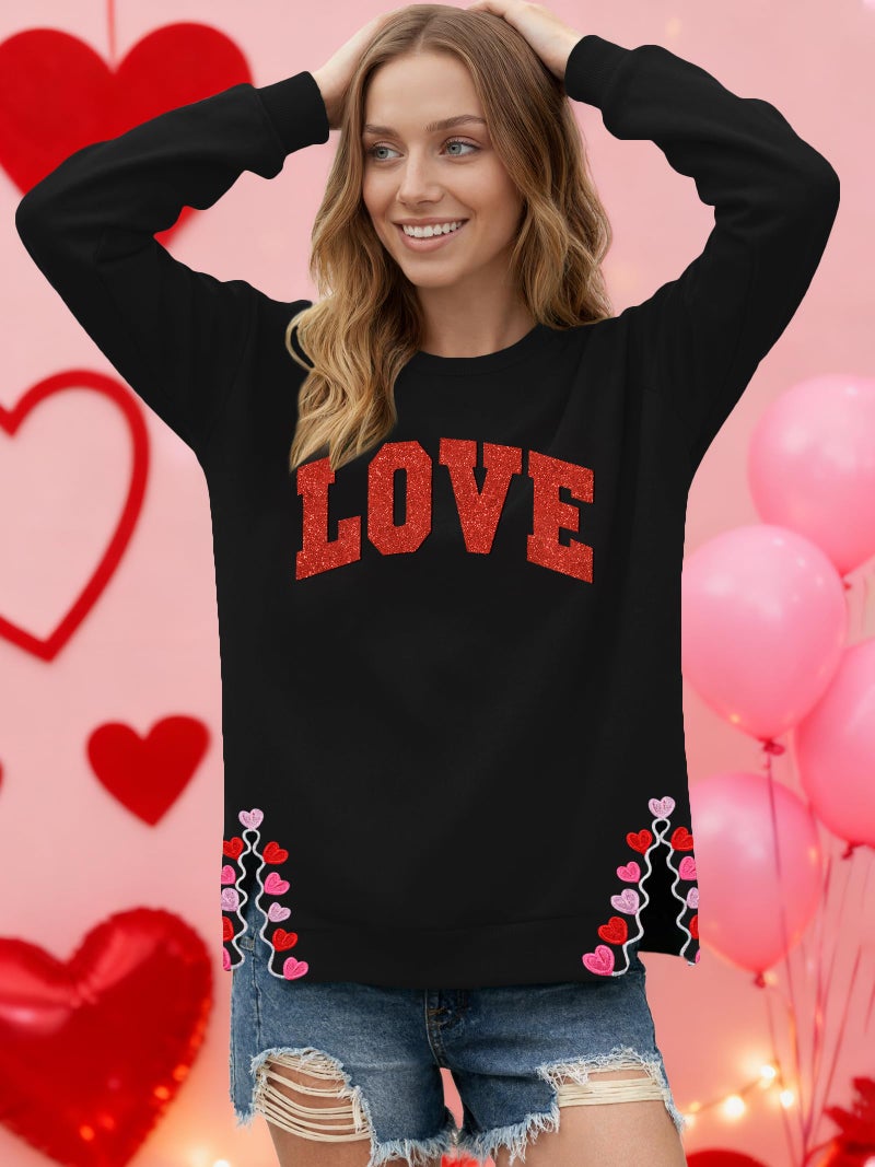 PECHAR Valentine Sweatshirts Women Love Valentines Shirts Embroidered Crewneck Long Sleeve Tops With Side Heart Applique - Image 4