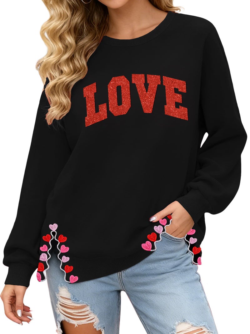 PECHAR Valentine Sweatshirts Women Love Valentines Shirts Embroidered Crewneck Long Sleeve Tops With Side Heart Applique - Image 1