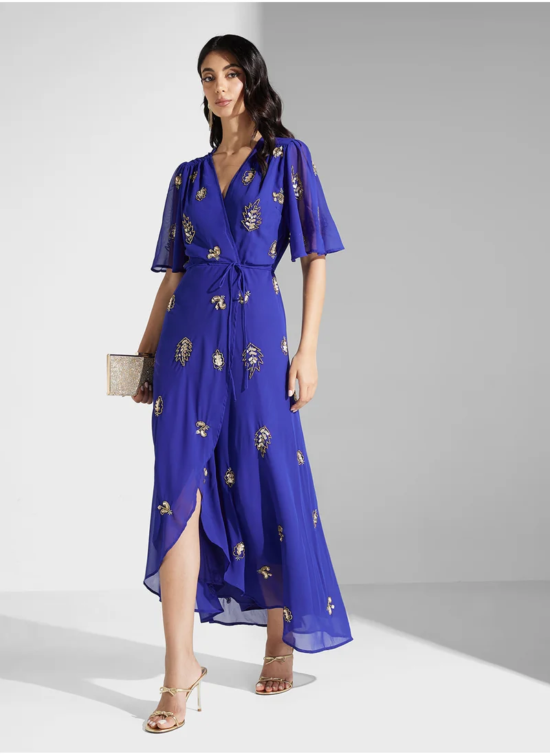 Hope & Ivy Embellished Flutter Sleeve Wrap Dress