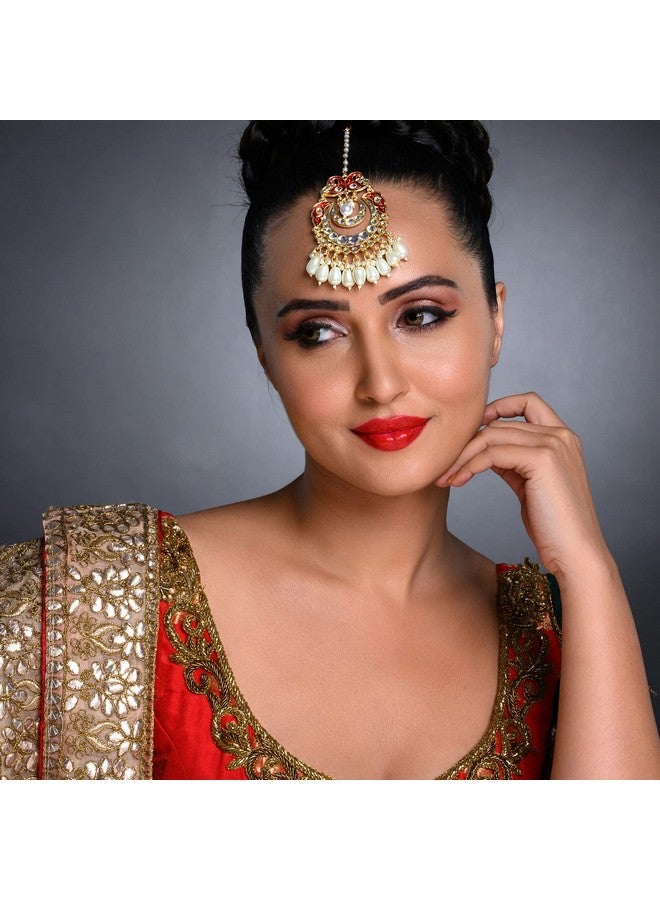 Sukkhi Equisite Kundan Gold Plated Pearl Maangtikka for Women (SKR85493), Maroon, One Size - Image 5