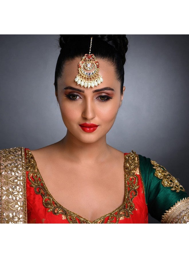 Sukkhi Equisite Kundan Gold Plated Pearl Maangtikka for Women (SKR85493), Maroon, One Size - Image 4