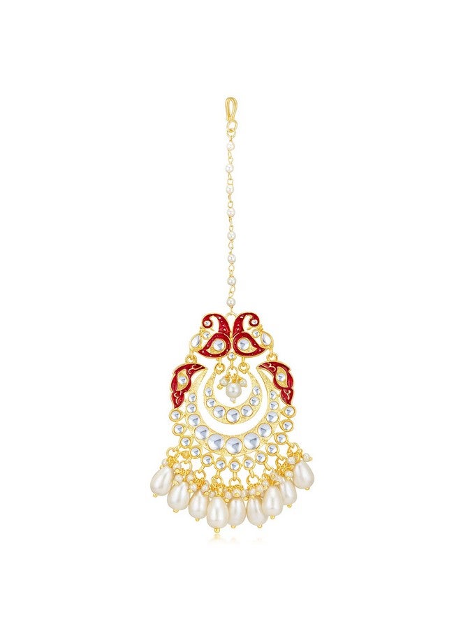 Sukkhi Equisite Kundan Gold Plated Pearl Maangtikka for Women (SKR85493), Maroon, One Size - Image 1