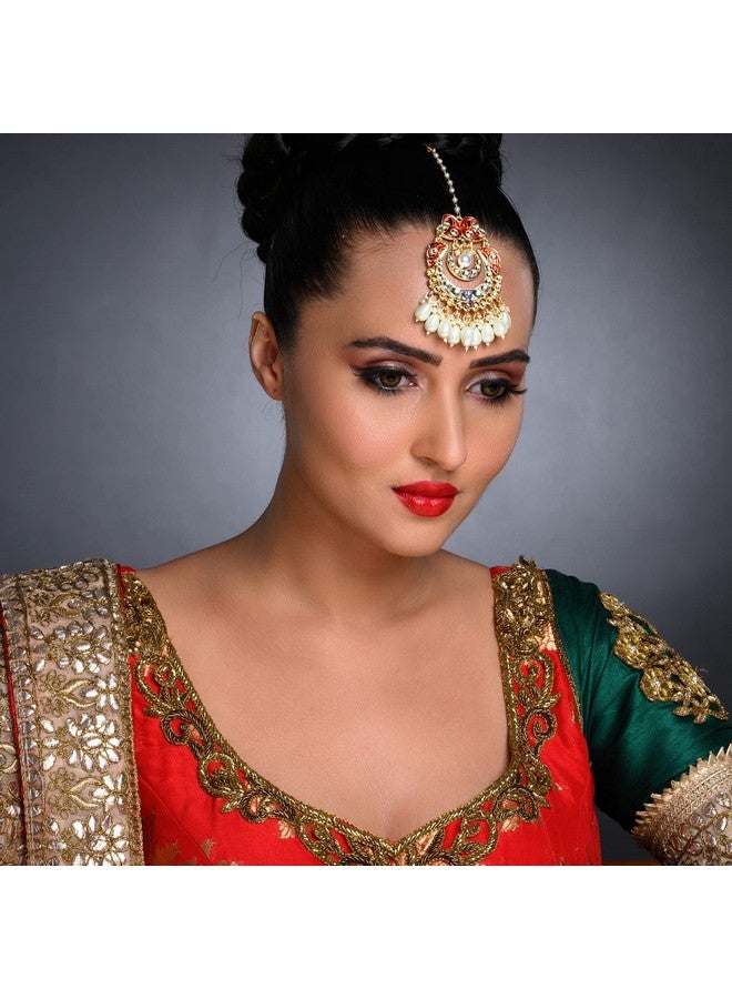 Sukkhi Equisite Kundan Gold Plated Pearl Maangtikka for Women (SKR85493), Maroon, One Size - Image 2