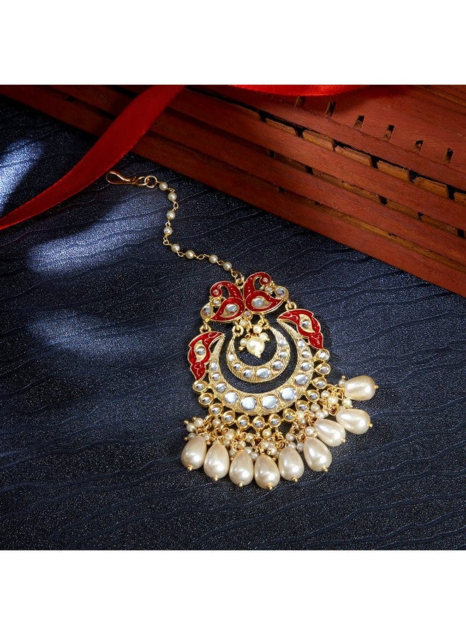 Sukkhi Equisite Kundan Gold Plated Pearl Maangtikka for Women (SKR85493), Maroon, One Size - Image 3