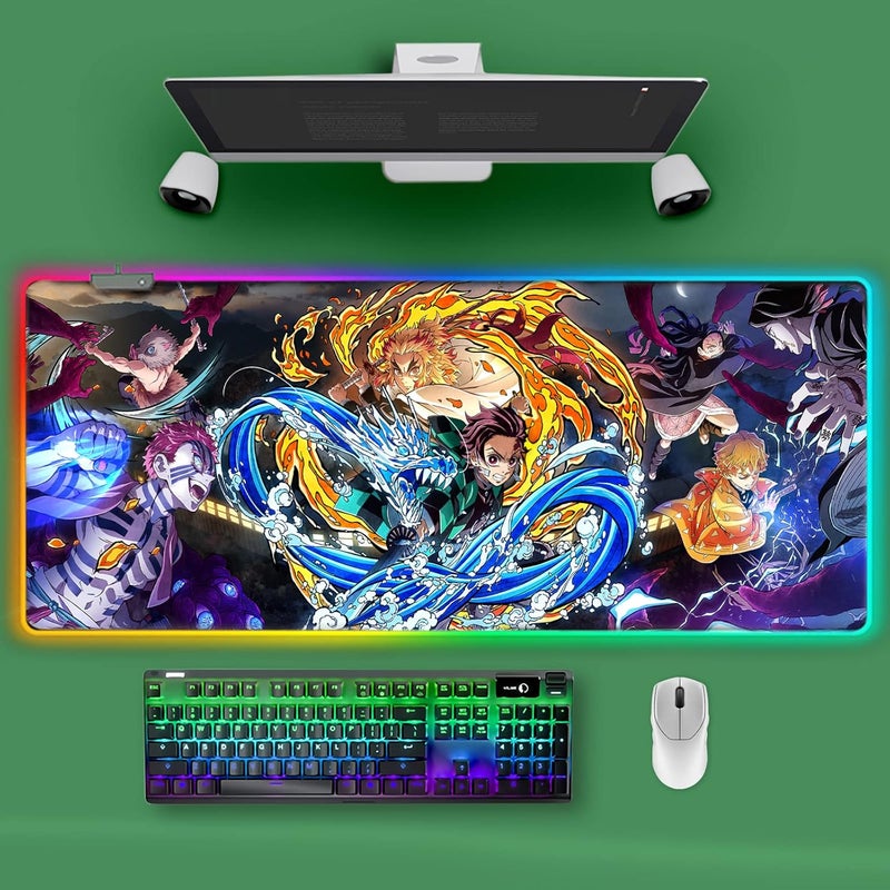 MHIWU لوحة ماوس RGB متوافقة مع Demon Slayer - لوحة ماوس كبيرة للأنمي Tanjirou للكمبيوتر بحواف ضوء LED وقاعدة مطاطية غير قابلة للانزلاق | متوافقة مع Kimetsu No Yaiba مقاس 11.8 × 31.5 بوصة - Image 1
