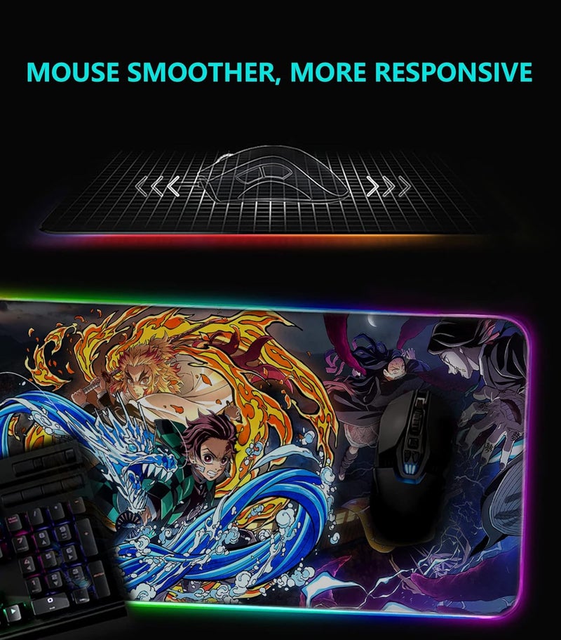 MHIWU لوحة ماوس RGB متوافقة مع Demon Slayer - لوحة ماوس كبيرة للأنمي Tanjirou للكمبيوتر بحواف ضوء LED وقاعدة مطاطية غير قابلة للانزلاق | متوافقة مع Kimetsu No Yaiba مقاس 11.8 × 31.5 بوصة - Image 3