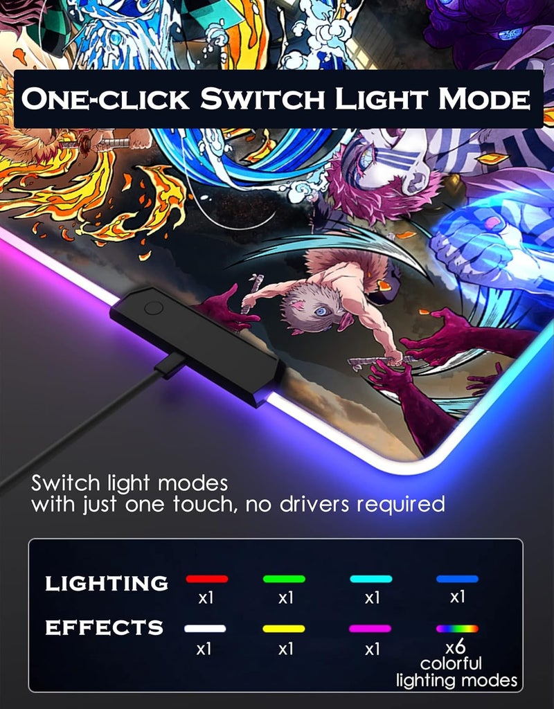 MHIWU لوحة ماوس RGB متوافقة مع Demon Slayer - لوحة ماوس كبيرة للأنمي Tanjirou للكمبيوتر بحواف ضوء LED وقاعدة مطاطية غير قابلة للانزلاق | متوافقة مع Kimetsu No Yaiba مقاس 11.8 × 31.5 بوصة - Image 4