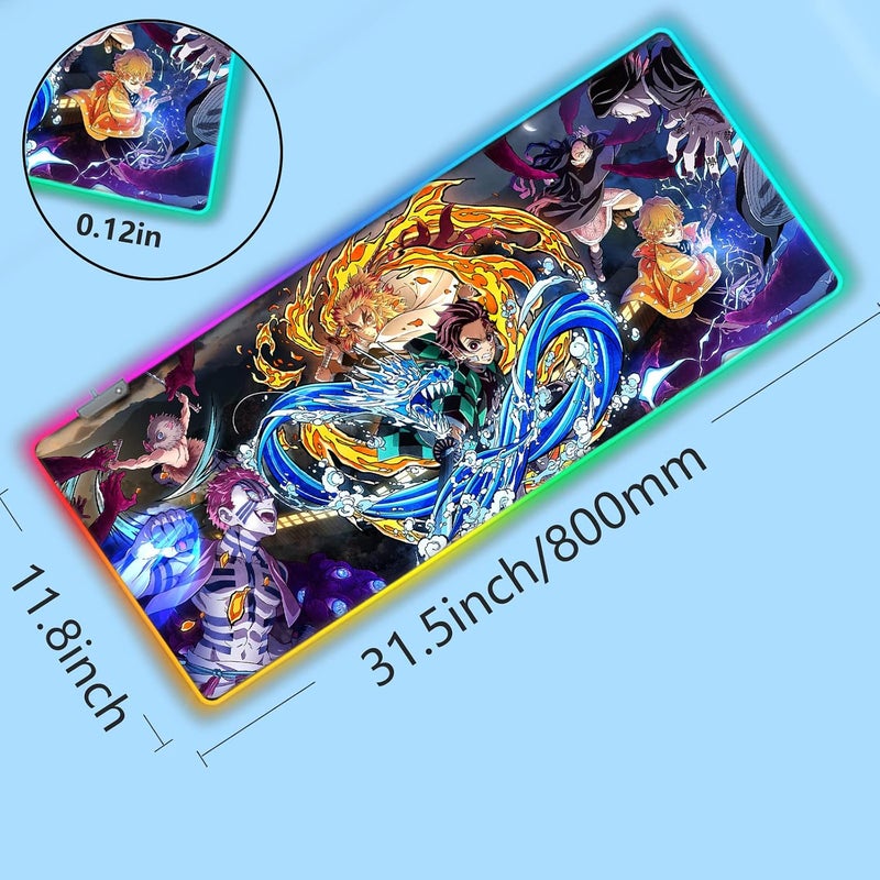 MHIWU لوحة ماوس RGB متوافقة مع Demon Slayer - لوحة ماوس كبيرة للأنمي Tanjirou للكمبيوتر بحواف ضوء LED وقاعدة مطاطية غير قابلة للانزلاق | متوافقة مع Kimetsu No Yaiba مقاس 11.8 × 31.5 بوصة - Image 2