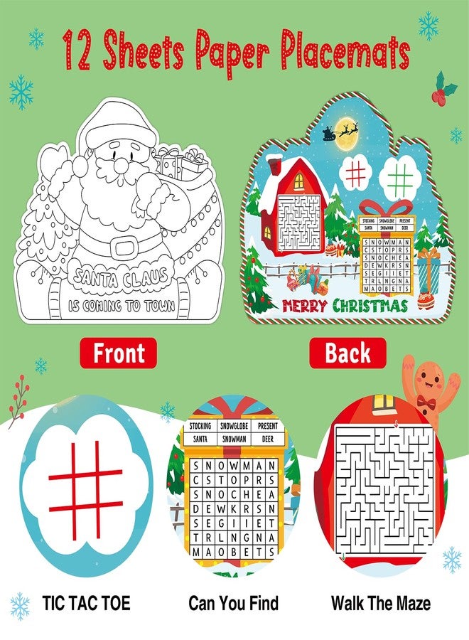 FLYAB Christmas Coloring Placemats - 10''x13'' 12PCS Double-Sided Disposable Paper Christmas Placemats for Kids Santa Xmas Table Mats for Holiday Party Decorations School Activity Supplies - Image 4