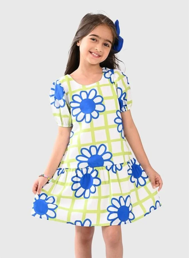 Bonkids Girl's White & Multicolour 100% Cotton Printed Regular Fit Dress