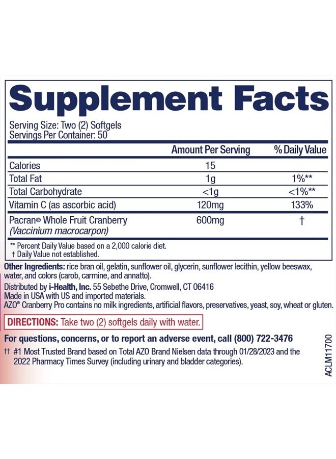 AZO Cranberry Pro Urinary Tract Health Supplement 600mg PACRAN, 1 Serving = 1 Glass of Cranberry Juice, Sugar Free Cranberry Pills, Non-GMO 100 Softgels - Image 2
