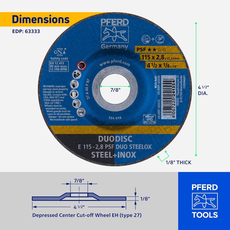 PFERD 4-1/2" PSF DUODISC STEELOX Combination Cutting and Grinding Wheel - Type 27, Aluminum Oxide, 1/8" Thick, 7/8" Arbor, 13300 RPM (Pack of 10) - Part 63333 - Image 5