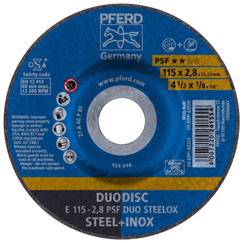 PFERD 4-1/2" PSF DUODISC STEELOX Combination Cutting and Grinding Wheel - Type 27, Aluminum Oxide, 1/8" Thick, 7/8" Arbor, 13300 RPM (Pack of 10) - Part 63333 - Image 1