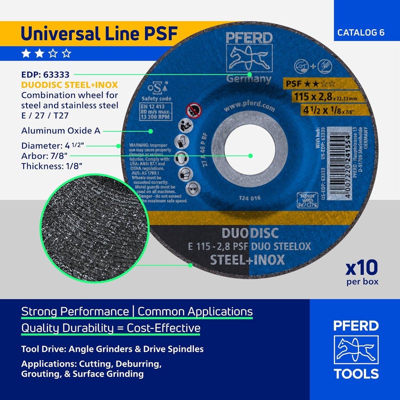 PFERD 4-1/2" PSF DUODISC STEELOX Combination Cutting and Grinding Wheel - Type 27, Aluminum Oxide, 1/8" Thick, 7/8" Arbor, 13300 RPM (Pack of 10) - Part 63333 - Image 4