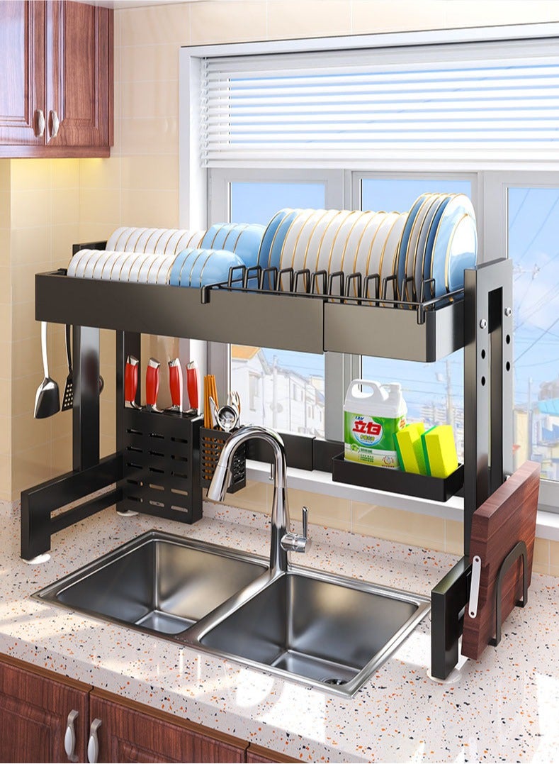 Dish Rack,64-100 CM Length Adjustable Over The Sink Dish Rack Extra Heavy Duty Adjustable Length and Height Large Dish Drying Stand Drainer with Utensil Holder for Kitchen Countertop Organizer