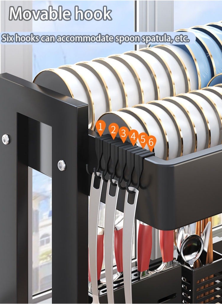 Dish Rack,64-100 CM Length Adjustable Over The Sink Dish Rack Extra Heavy Duty Adjustable Length and Height Large Dish Drying Stand Drainer with Utensil Holder for Kitchen Countertop Organizer