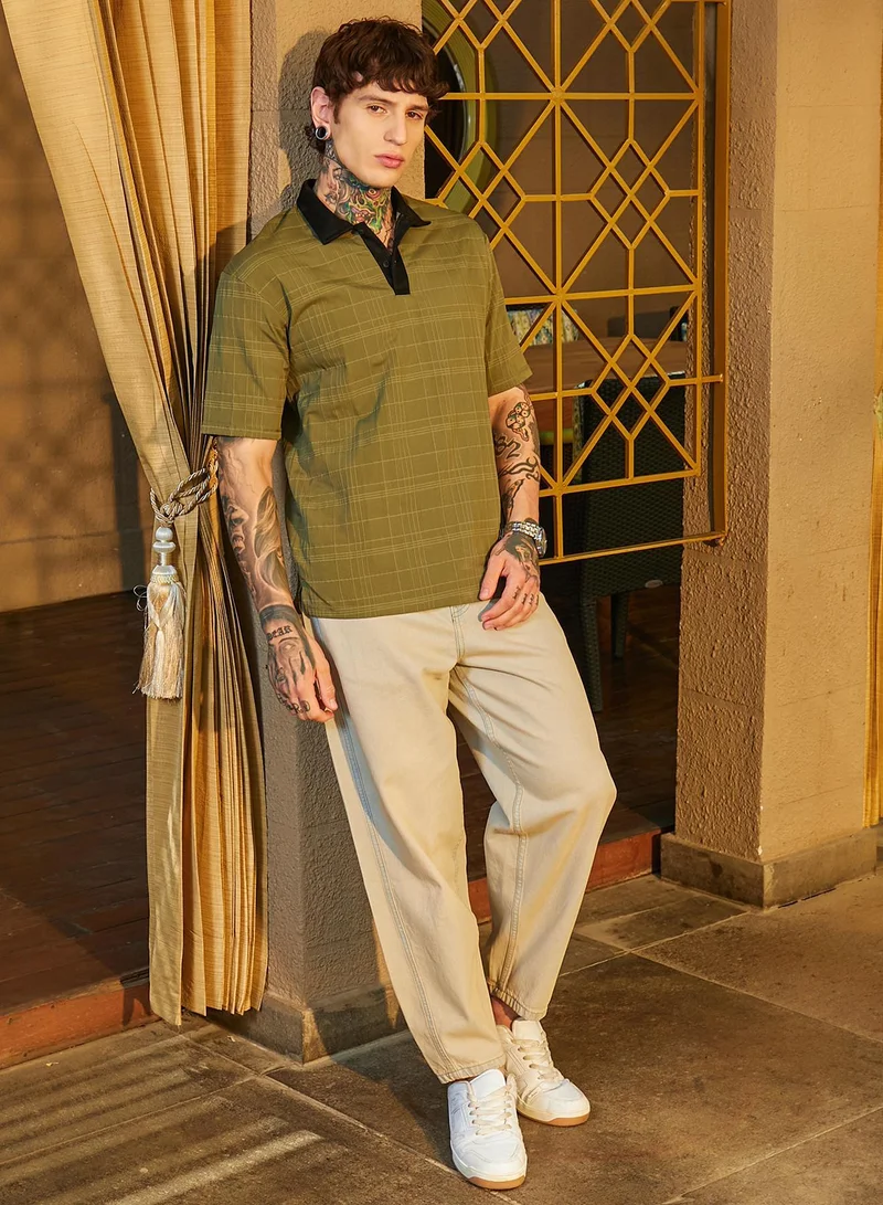 CAHOOT  Men's Olive Green & Onyx Black Contrast Grid Polo T-Shirt for Men | Best Price UAE