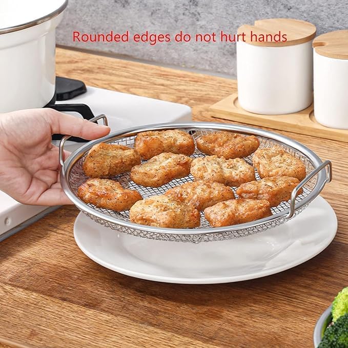Kruvad Round Stainless Steel Oil Leakage Net Air Fryer Plate | Noodle Strainer, Chip Basket Rings, Fries Rack, Deep Fry Mesh Plate Cooking Tool for French Fries & More [24x22.5x4 CM] - Image 5