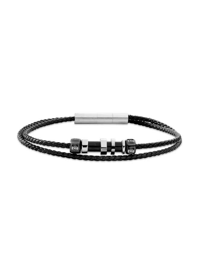 شيروتي 1881 Tornillo.2 BraceletDouble Tour Black Leather with Steel AccentsAdjustable and Sophisticated Design