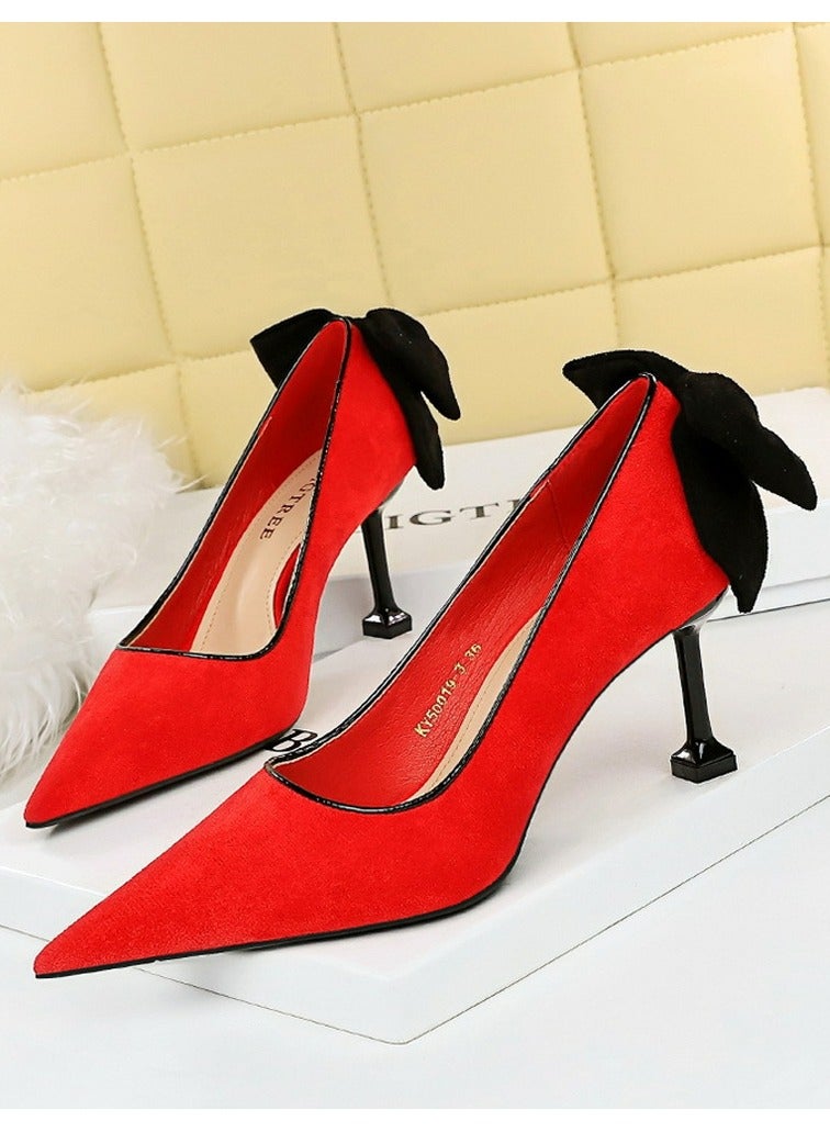 بيج تري Women's Elegant Velour Stiletto Pumps With Bow Knot 5.5 CM Fashion Gorgeous Closed Pointed Toe Slip On Solid High Heels Red