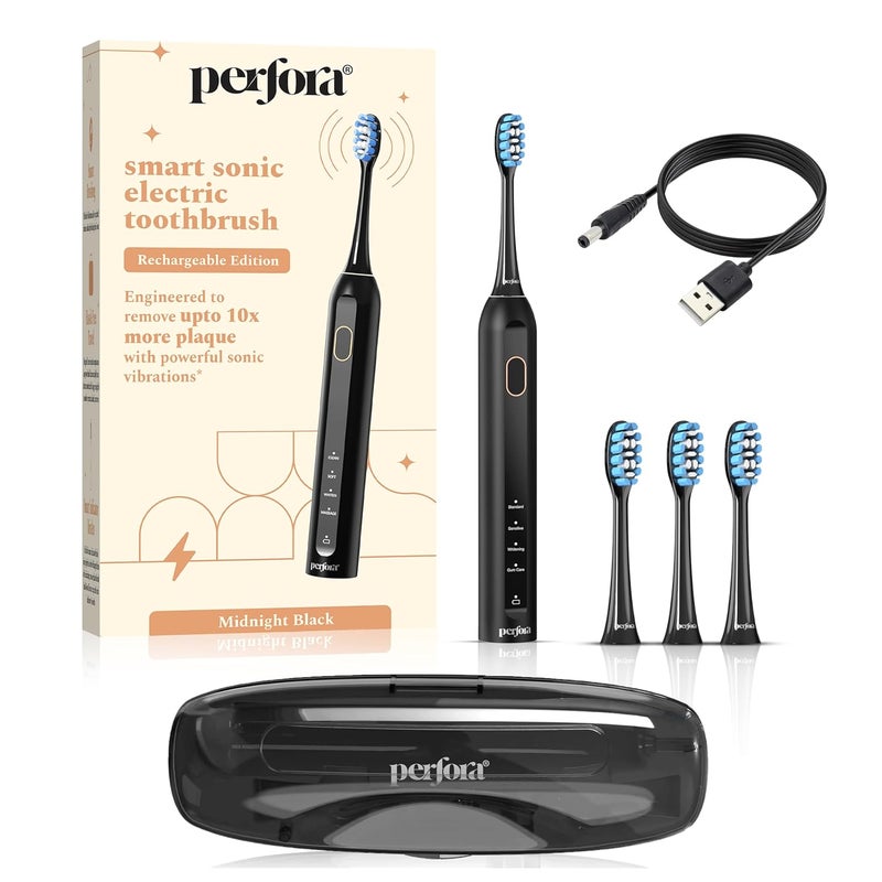 Perfora Rechargeable Smart Sonic Electric Toothbrush For Men & Women | Electric Brush With 4 Modes & 60 Day Battery Life | IPX7 Waterproof Sonic Tooth brush with 4 Brush Heads & Travel Case - Black - Image 1