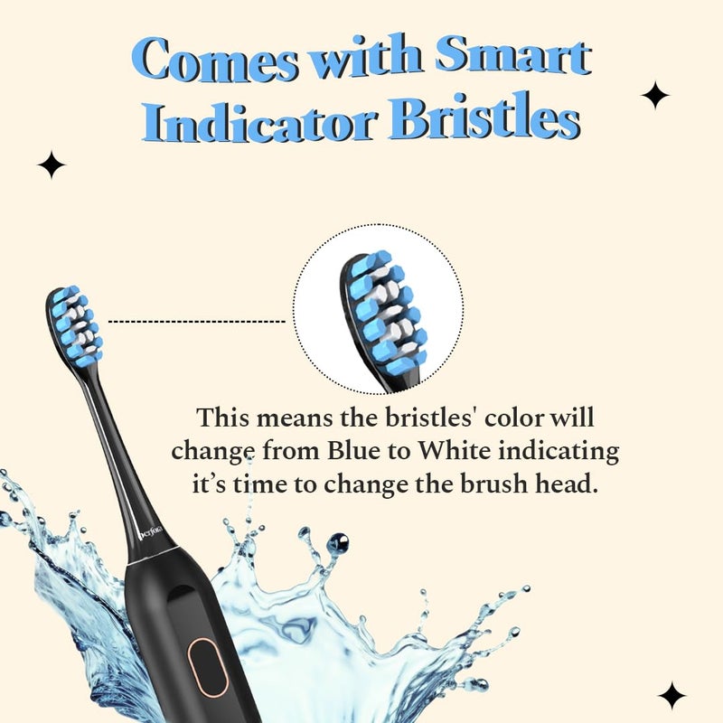 Perfora Rechargeable Smart Sonic Electric Toothbrush For Men & Women | Electric Brush With 4 Modes & 60 Day Battery Life | IPX7 Waterproof Sonic Tooth brush with 4 Brush Heads & Travel Case - Black - Image 3
