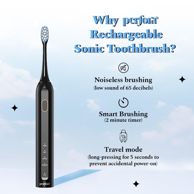 Perfora Rechargeable Smart Sonic Electric Toothbrush For Men & Women | Electric Brush With 4 Modes & 60 Day Battery Life | IPX7 Waterproof Sonic Tooth brush with 4 Brush Heads & Travel Case - Black - Image 5