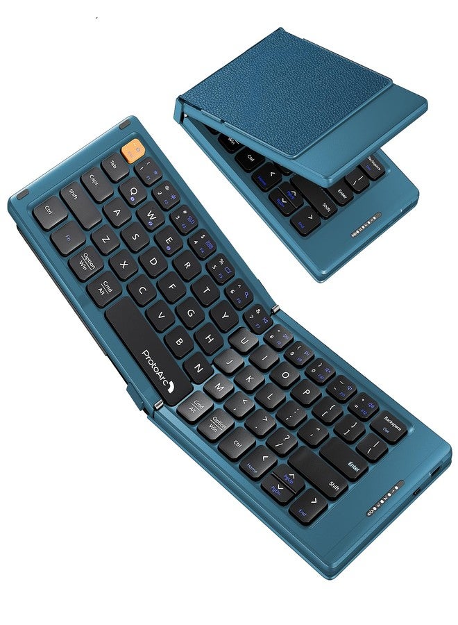 ProtoArc Foldable Compact Keyboard, XK04 Portable Bluetooth Keyboard with PU Leather Cover, Pocket-Sized Wireless Travel Keyboard for iPad, iPhone, Smartphone, Tablet and Laptop - Blue - Image 1