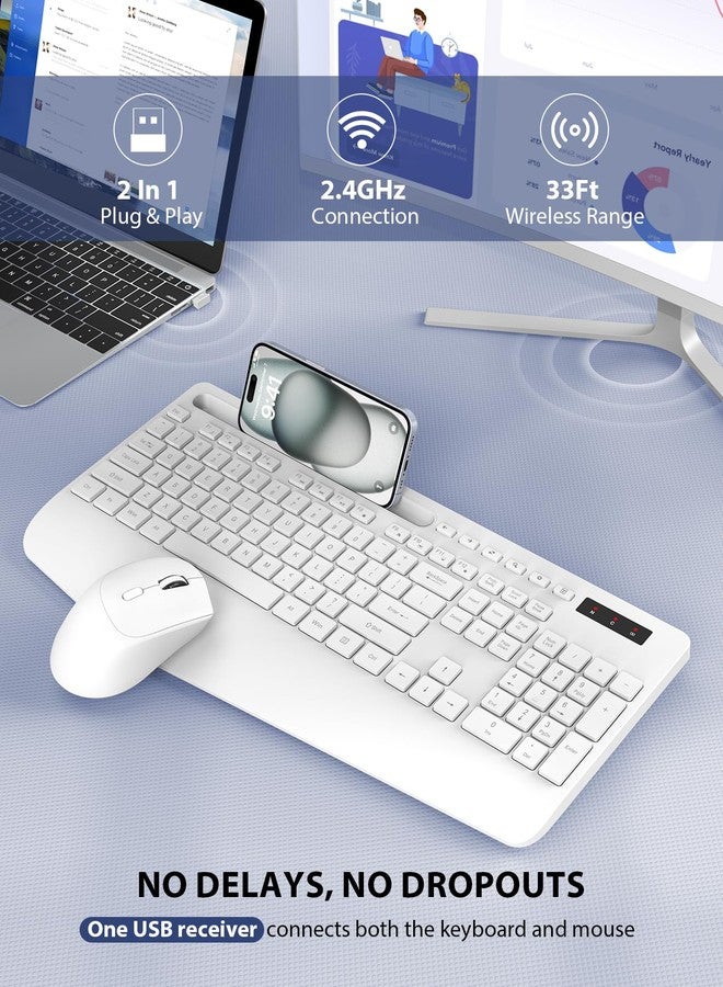Trueque Wireless Keyboard and Mouse Combo - Full-Sized Ergonomic Keyboard with Wrist Rest, Phone Holder, Sleep Mode, Silent 2.4GHz Cordless Keyboard Mouse Set for PC, Laptop - Trueque (Pure White, 1 Pack) - Image 2