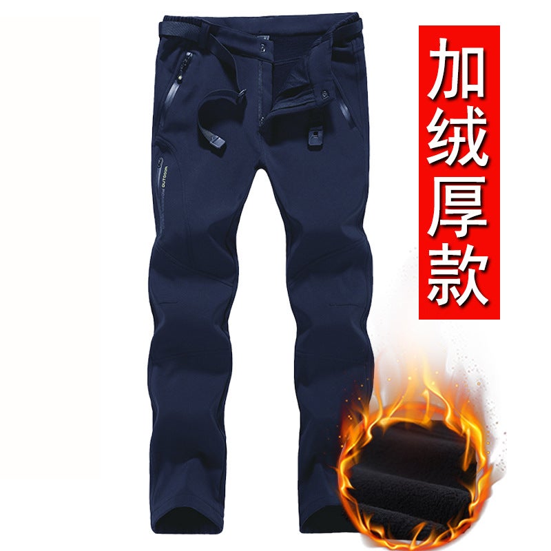 Generic Winter Velvet Outdoor Waterproof Windproof Couple Soft Shell Rush Pants Elastic Breathable Slim Fishing Mountaineering Casual Pants Add velvet-male-navy blue